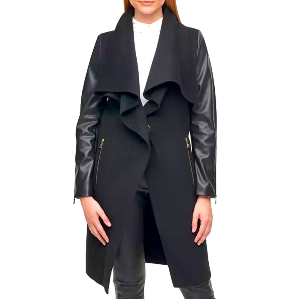 Karl Lagerfeld Paris Women’s Draped Midi Coat Faux Leather Sleeves Zippers Sz XS